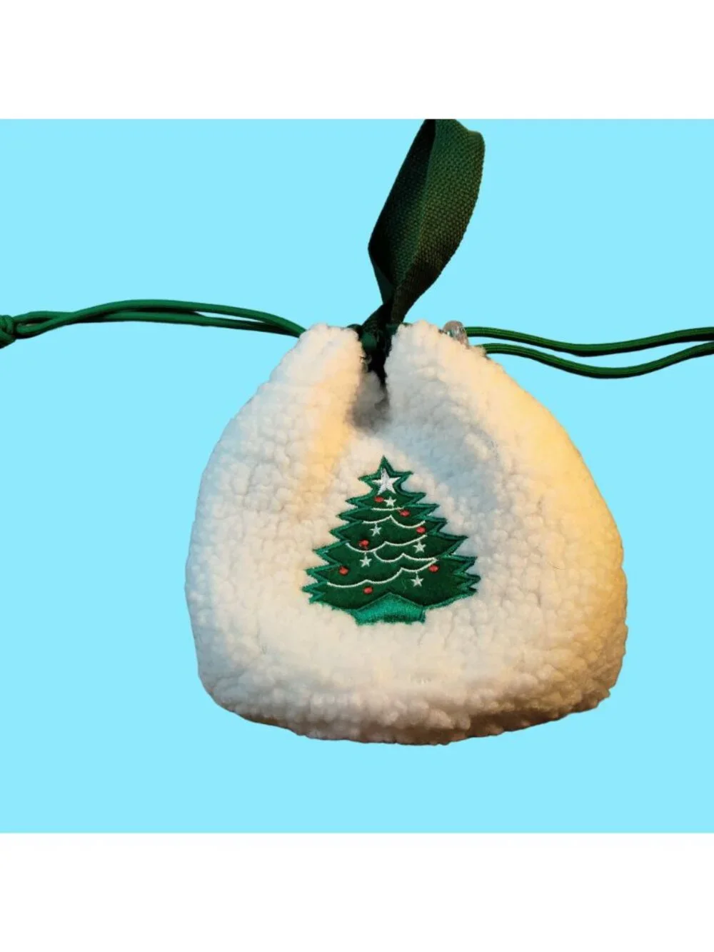 Sherpa Drawstring Tote Bag Christmas Tree Embroidered Fleece Sack Lined